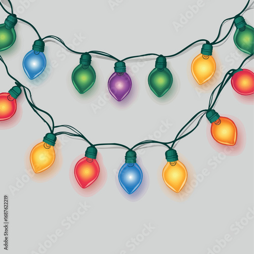 String of colorful holiday lights. Glowing bulbs festive vector isolated on white.