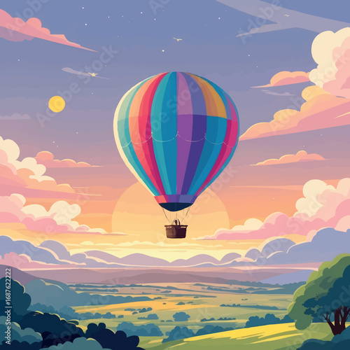 Hot air balloon in sunset sky. Peaceful freedom concept vector isolated on white.