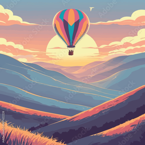 Hot air balloon at sunrise. Adventure travel poster vector isolated on white.