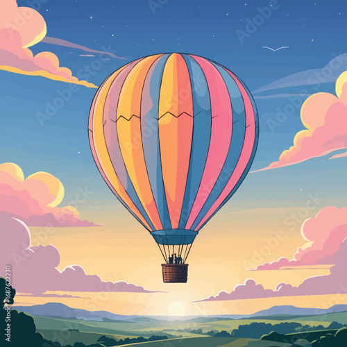 Hot air balloon in sunset sky. Peaceful freedom concept vector isolated on white.