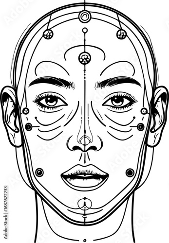 Multisensory perception vector concept. Human face with sensory organs outlined in thin black continuous line style showing five senses visualization.