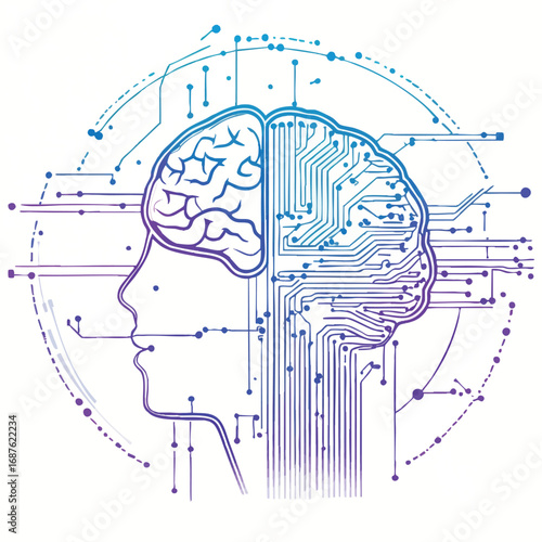 Human brain connected to digital circuit outline vector illustration. Emotion recognition technology concept with organic-digital fusion in blue and purple gradient.