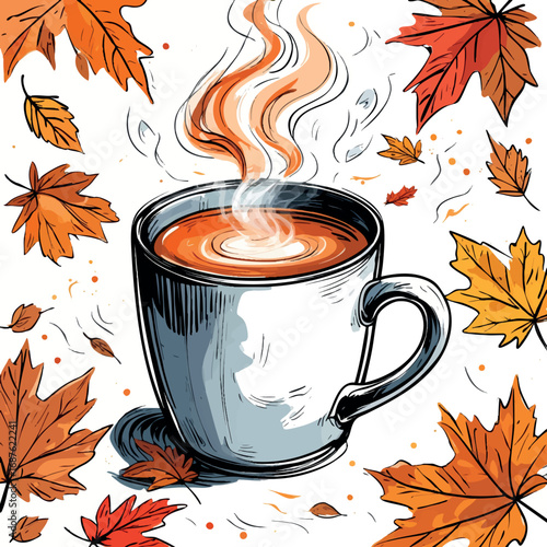 Sketch of hot drink with autumn leaves. Cozy seasonal vector isolated on white.