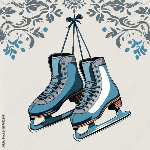 Vintage ice skates hanging by laces. Winter sport vector design isolated on white.