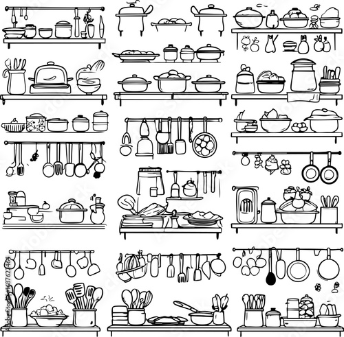 Home Cooking Lifestyle Vector Collection. Domestic Food Preparation Outlines for Culinary and Family Concepts