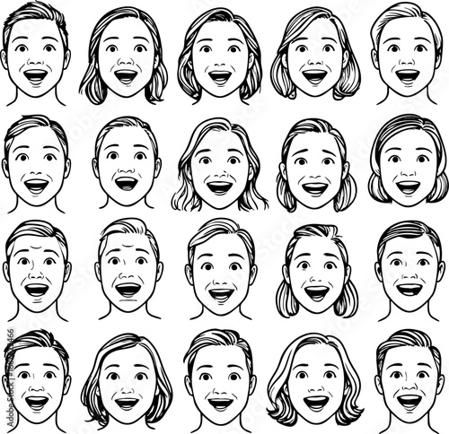 Diverse Candid Expressions Vector Portrait Collection. Genuine Emotional Reactions Outline Set for Authentic Design