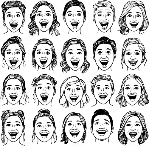 Diverse Candid Expressions Vector Portrait Collection. Genuine Emotional Reactions Outline Set for Authentic Design