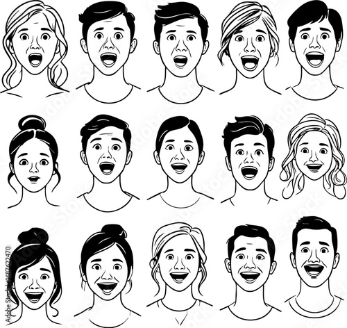 Diverse Candid Expressions Vector Portrait Collection. Genuine Emotional Reactions Outline Set for Authentic Design