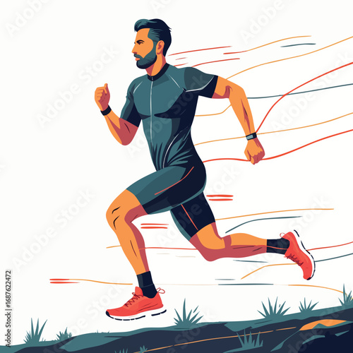 Running man in motion. Energetic sport vector illustration isolated on white.