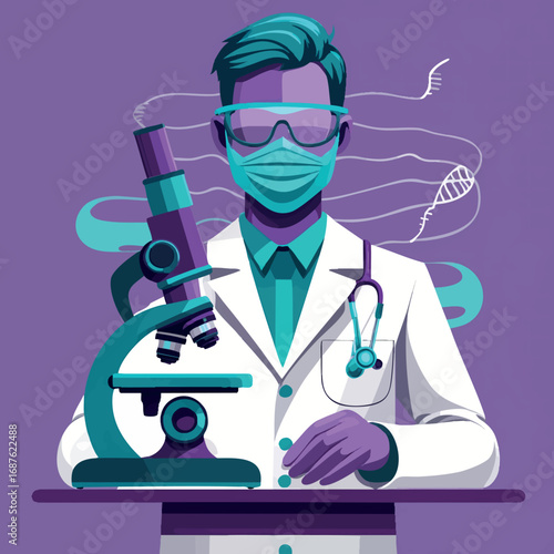 Medical Researcher Professional Outline. Healthcare Specialist with Laboratory Equipment for Pharmaceutical and Biotechnology Industries.