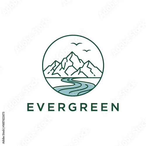 Evergreen Mountain & River Logo: Outdoor Adventure & Nature Brand