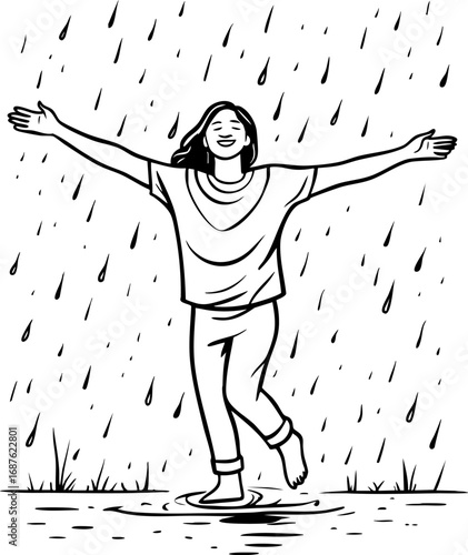 Spontaneous Dance in Rain Vector Illustration. Authentic Joy Moment Outline for Freedom and Expression Concepts