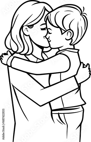 Mother and Child Authentic Hug Vector Illustration. Genuine Family Moment Outline for Emotional Connection Concepts