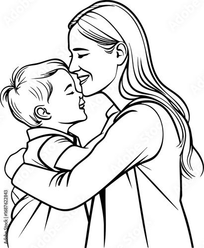 Mother and Child Authentic Hug Vector Illustration. Genuine Family Moment Outline for Emotional Connection Concepts