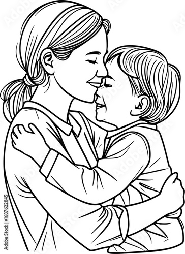 Mother and Child Authentic Hug Vector Illustration. Genuine Family Moment Outline for Emotional Connection Concepts