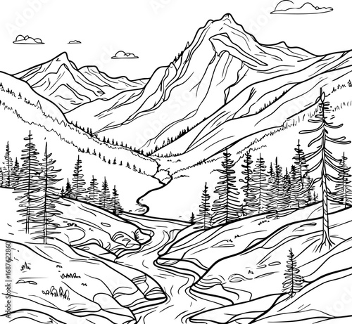Mountain Landscape Outline Vector Art. Minimalist Line Drawing of Nature Scene with Forest and River