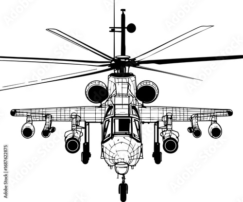 Military helicopter outline vector from top view. Minimalist technical schematic with precision engineering details. Black thin line aviation illustration.