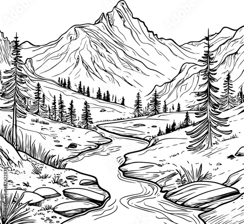 Mountain Landscape Outline Vector Art. Minimalist Line Drawing of Nature Scene with Forest and River