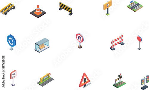 Isometric 3D Traffic and Road Elements Icon Set