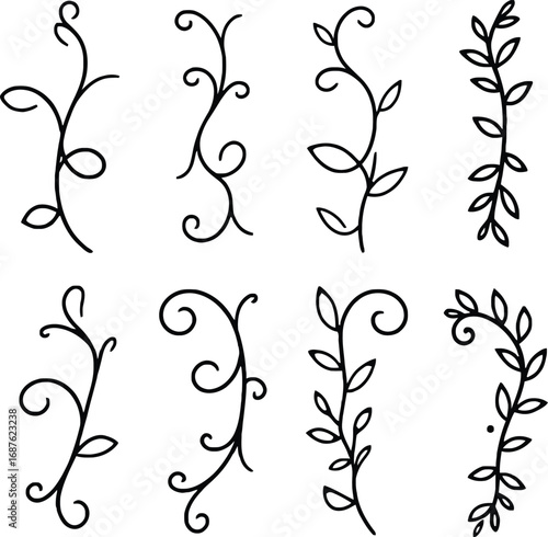 Hand-drawn botanical flourish elements collection white background