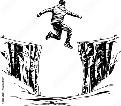 Overcoming obstacles outline – person jumping between cliffs in bold action