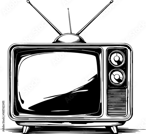 Vintage television outline vector with dials and antenna 1960s retro tech