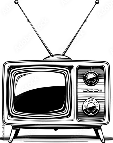 Vintage television outline vector with dials and antenna 1960s retro tech