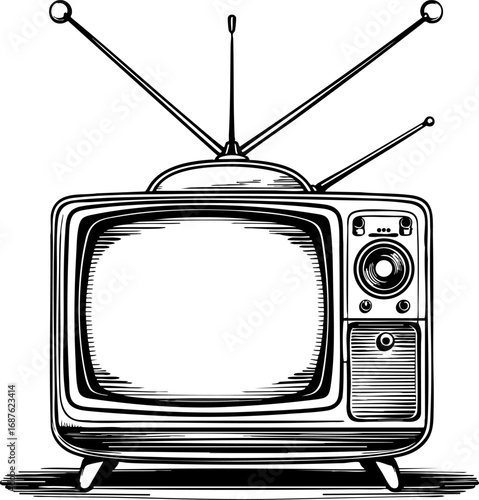 Vintage television outline vector with dials and antenna 1960s retro tech