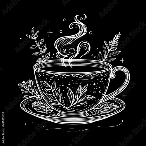 Herbal detox tea cup outline with steam and leaves vector line art isolated on white