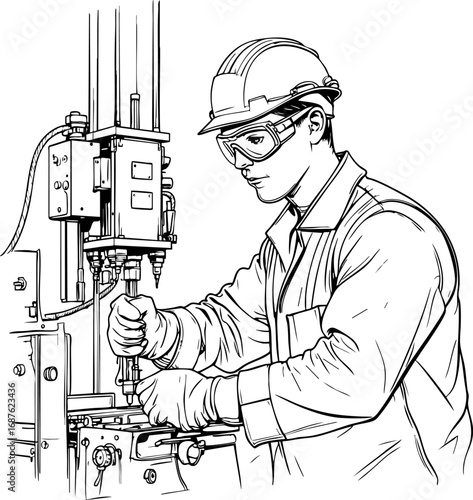 Factory worker operating machinery outline vector drawing in industrial setting