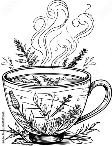 Herbal detox tea cup outline with steam and leaves vector line art isolated on white