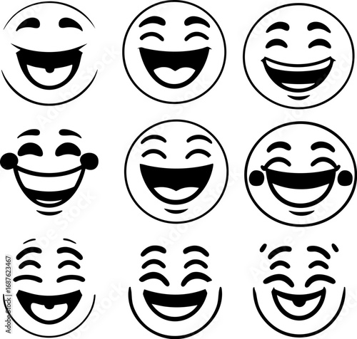 Laughing emoji faces outline collection. Minimalist black thin line vector illustration of various joyful expressions isolated on white background.