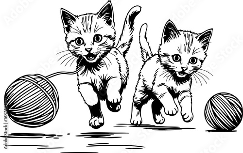 Playful kittens chasing yarn balls outline drawing. Black thin continuous line whimsical illustration cute minimalist vector design isolated on white.