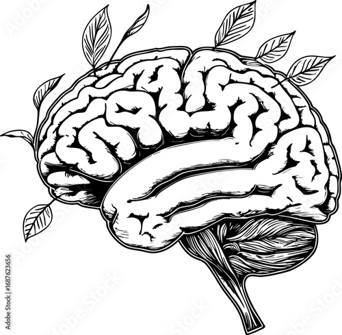 Brain with leaves outline vector illustration of mental healing and personal growth