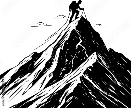 Person climbing mountain outline. Minimalist black and white vector symbolizing challenge and perseverance.