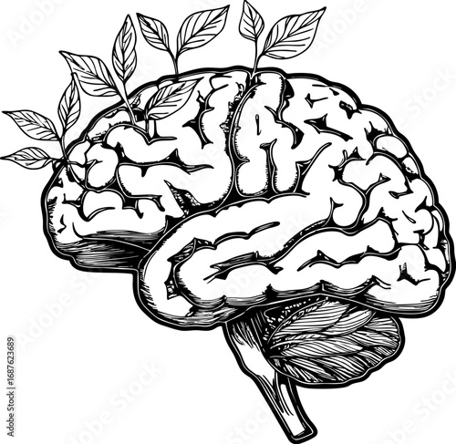 Brain with leaves outline vector illustration of mental healing and personal growth