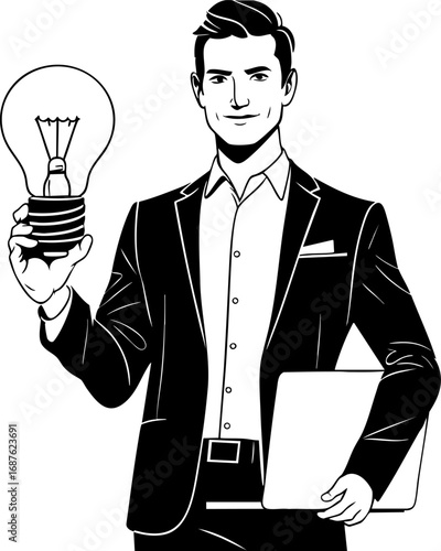Entrepreneur outline with light bulb and laptop – symbol of ideas and innovation