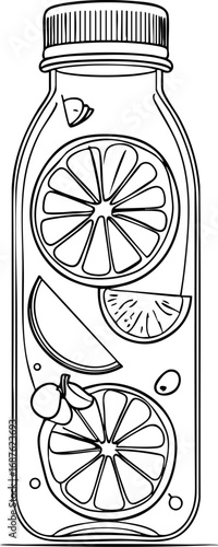 Outline vector of detox juice bottle with fruits inside minimal line art isolated on white