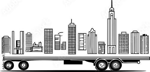 Company headquarters relocation outline with city skyline and trailer concept