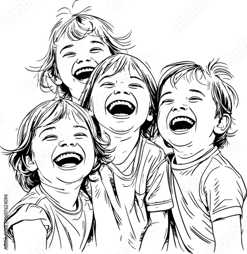 Laughing children outline sketch. Black line art illustration of kids playing and giggling with playful expressions minimal style vector isolated on white.