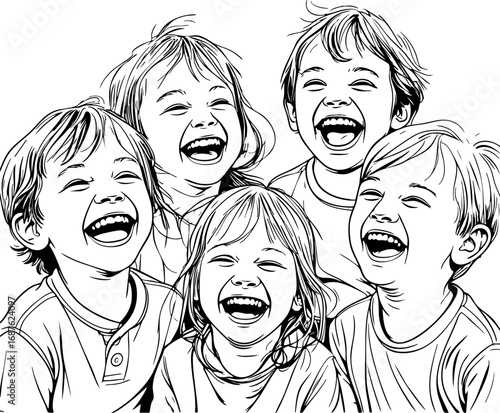 Laughing children outline sketch. Black line art illustration of kids playing and giggling with playful expressions minimal style vector isolated on white.