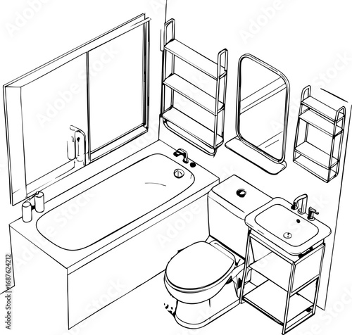Bathroom layout with bathtub and sink. Outline vector illustration isolated on white