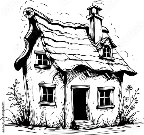 Whimsical handcrafted house with crooked chimney. Outline vector illustration isolated on white