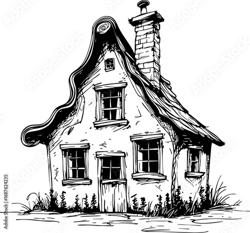 Whimsical handcrafted house with crooked chimney. Outline vector illustration isolated on white