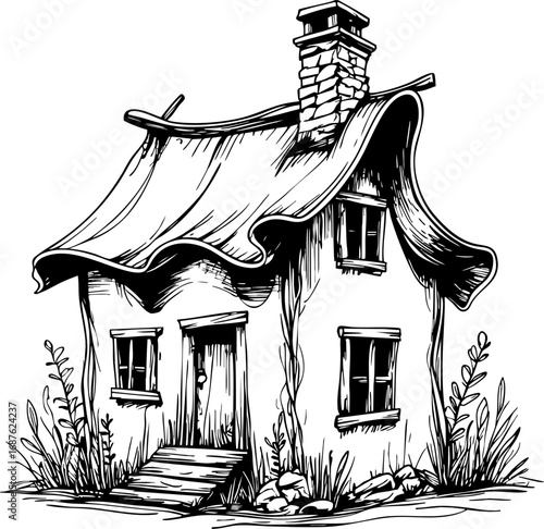 Whimsical handcrafted house with crooked chimney. Outline vector illustration isolated on white