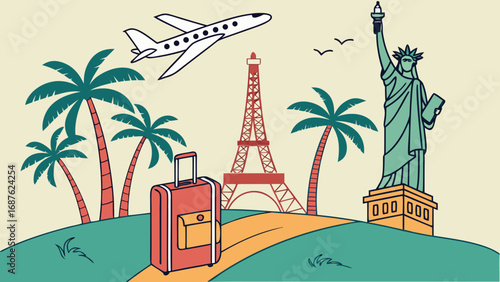 Flat vector travel and tourism poster with air plane,Flat vector travel and tourism poster with air plan, luggage, passport, luggage, passport, monuments and beach vacation holiday illustration