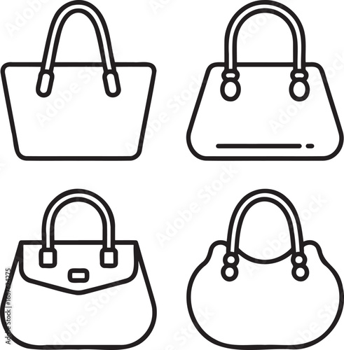 Set of Ladies Handbags Outline vector illustration isolated On Transparent Background