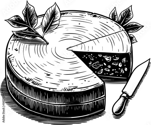 Handcrafted cheese wheel and wedge. Outline vector illustration isolated on white