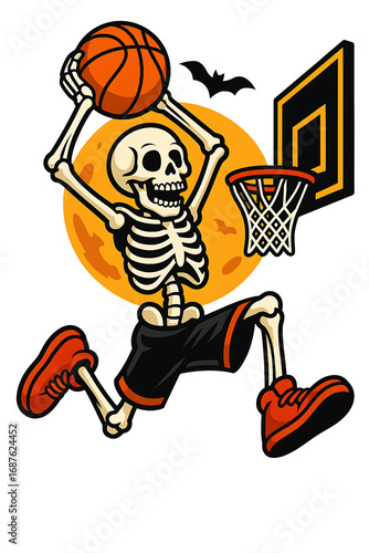 Cartoon Skeleton Basketball Dunk – Spooky Halloween Sports Illustration