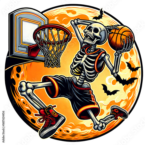 Cartoon Skeleton Basketball Dunk – Spooky Halloween Sports Illustration